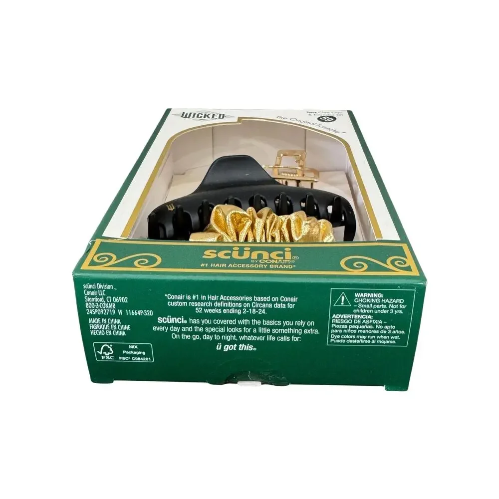 Wicked Scunci Hair Accessory Set 2 Claw Clips 1 Scrunchie Gold Black NIP